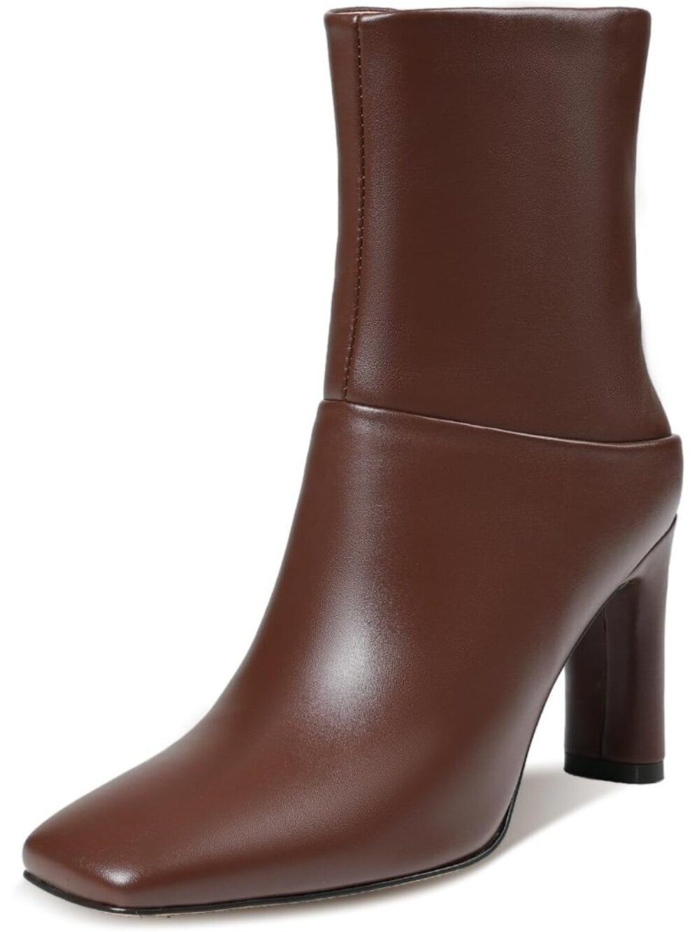 Women's Brown Square Toe High Heel Block Mid Calf Fashion Side Zipper Ankle Boot